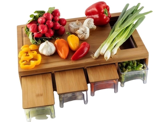 OEM ODM Natural Bamboo Cutting Board με πολυλειτουργική αποθήκευση και 4 πλαστικά συρτάρια